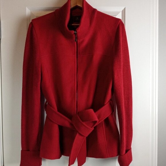 SOL Burgundy Red Peruvian Baby Alpaca Merino Wool Knit Sleeve Zip Belted Jacket